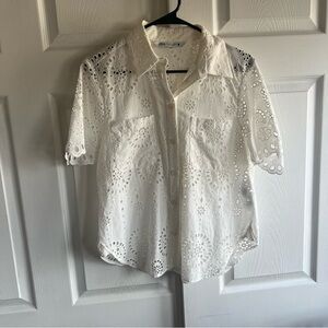 Zara White Eyelet Button Down Shirt
